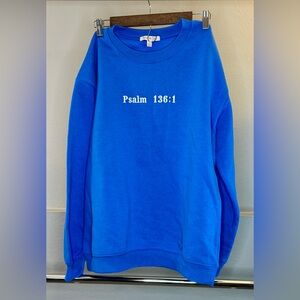 Vibrant Blue Crewneck Sweater with Psalm 136:1